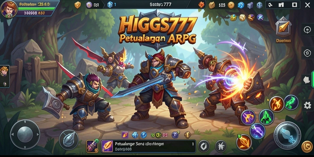 Screenshot gameplay HIGGS777 yang menampilkan pertempuran seru di dunia fantasi.