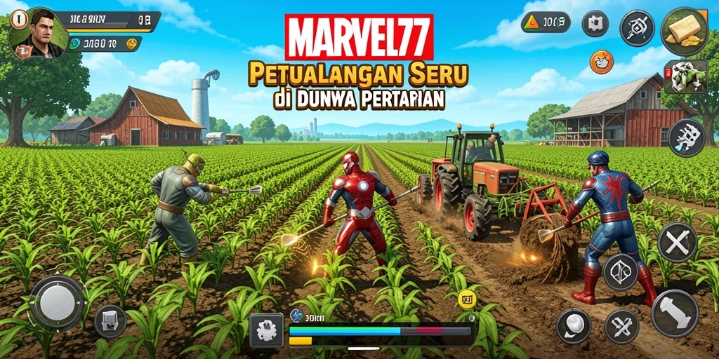 Tampilan gameplay <strong>MARVEL77</strong> yang menampilkan kebun yang indah dan interaksi pertanian.