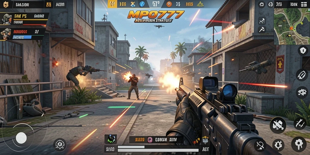 Screenshot gameplay MPO777 menunjukkan aksi tembak-menembak yang mendebarkan dan grafis yang menakjubkan.