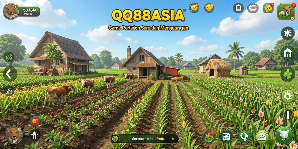 Screenshot gameplay <strong>QQ88ASIA</strong> menampilkan suasana pertanian yang cerah dan dinamis.