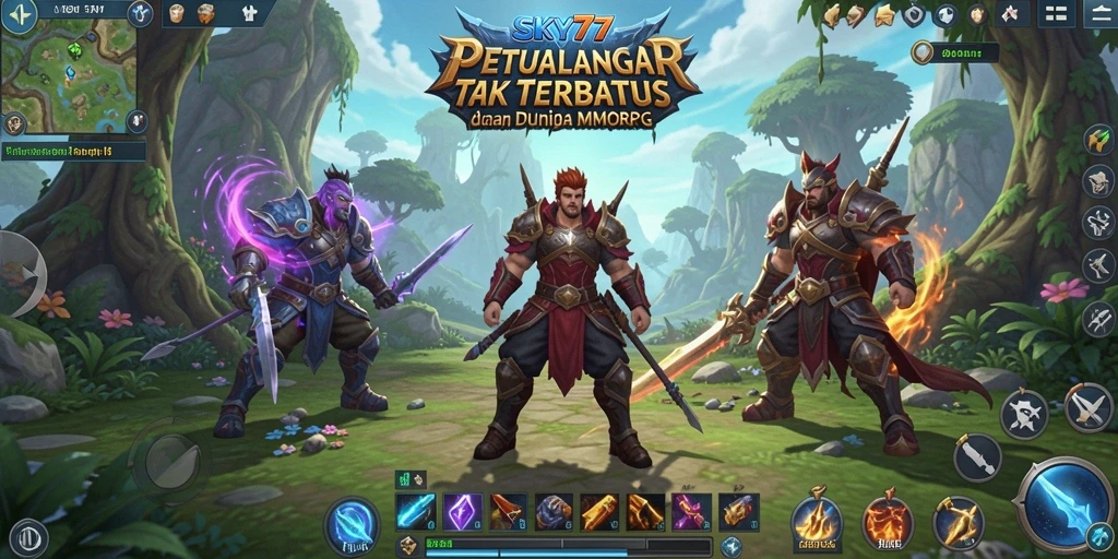 Tampilan utama gameplay SKY77 menampilkan karakter beraksi dalam dunia MMORPG yang luas.